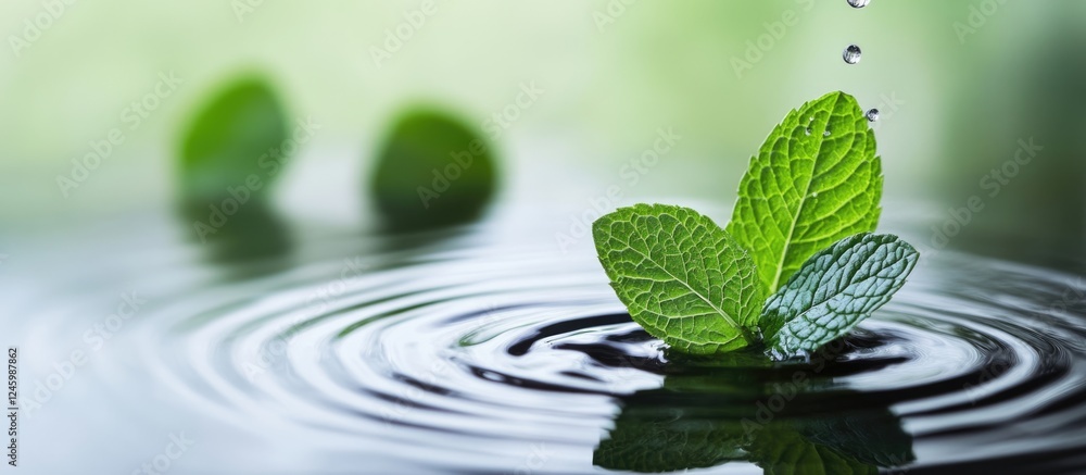 Aufkleber fresh mint leaf splashing into tranquil water creating ripples with ample space for text and a seren