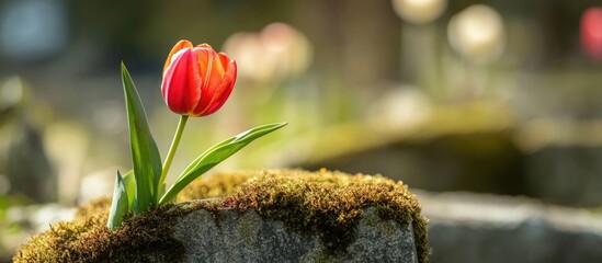 Gravestone with red tulip and moss creating a serene memorial scene with space for personalized text or tribute engraving.