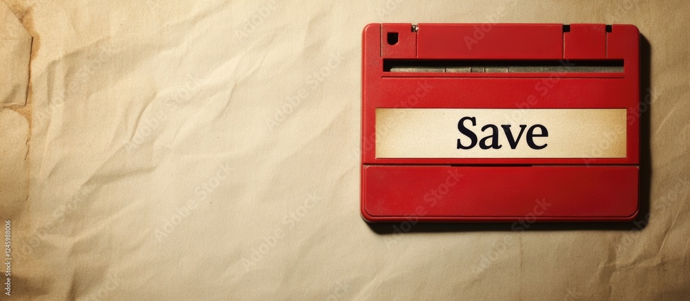 Fototapete floppy disk with save label on textured paper background showcasing vintage technology and space for