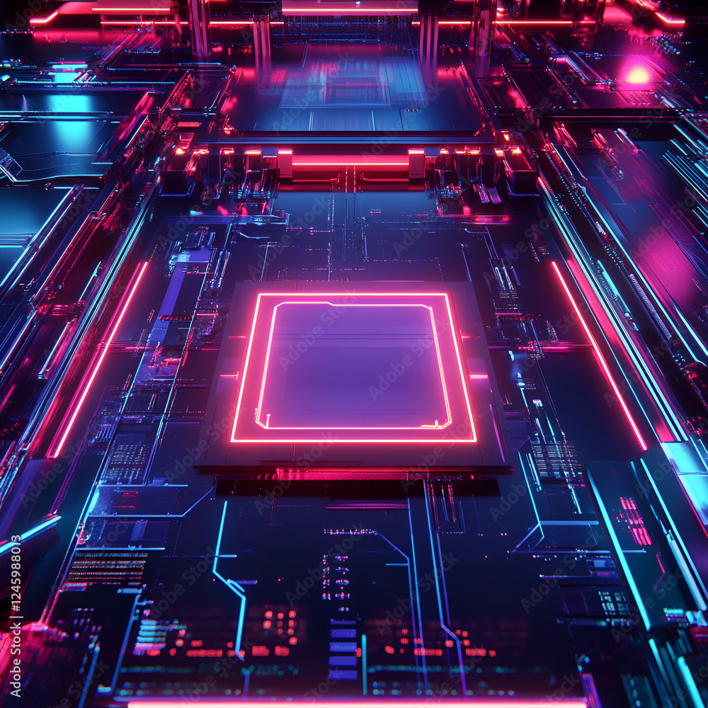 Poster neon chip circuit: the future is now with a high tech, cyberpunk vision of a computer circuit board,