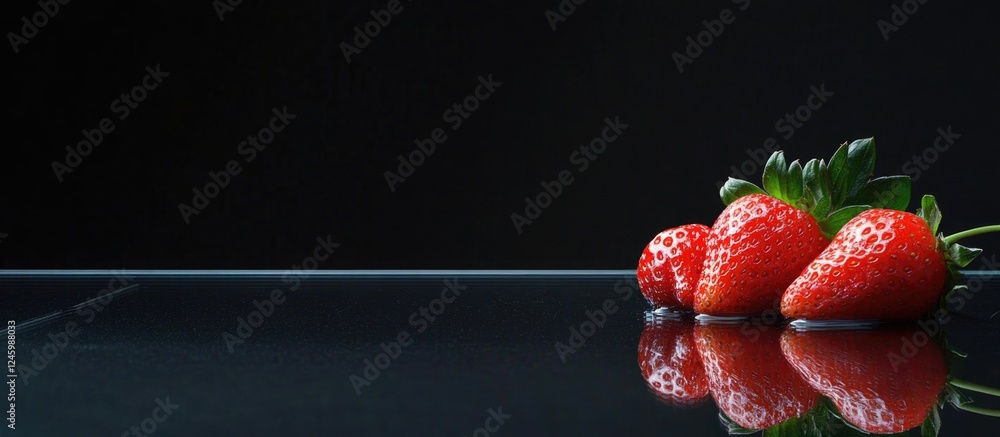 Poster fresh ripe strawberries on a reflective glass table with black background and ample space for text o