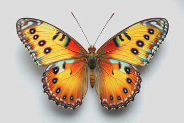 Obraz premium Butterfly with orange and blue wings sitting gracefully on a leaf in a natural outdoor setting under bright sunlight