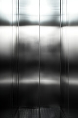 Obraz premium A sleek and modern elevator interior featuring stainless steel walls that reflect light, creating a minimalist and contemporary aesthetic ideal for high-rise buildings.