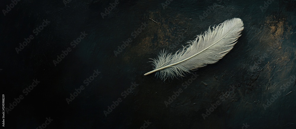 Poster delicate white feather resting on a dark textured background creating a minimalist and elegant visua