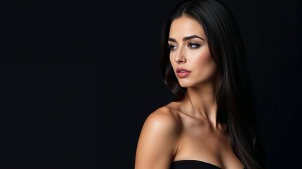 Fototapeta premium Fashionable photo of elegant woman with bare shoulders. Profile side view. Sensual woman on black background with copy space