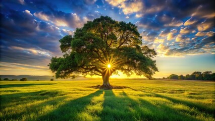 Fototapeta premium A sun-drenched meadow, sharply focused, a large tree casts a deep shadow.