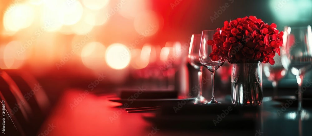 Poster elegant evening banquet table setting for business gathering with red flowers and empty space for cu