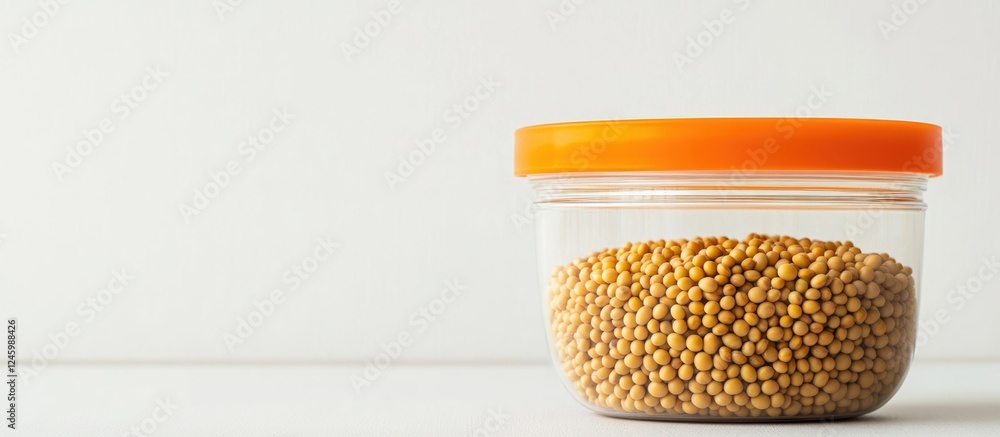 Poster golden soybeans in transparent jar with orange lid on light background featuring copy space for text