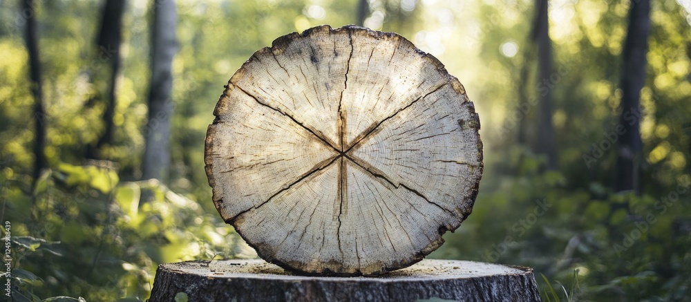 Poster cross section of birch log displaying cut surface texture and cross-shaped crack surrounded by a blu