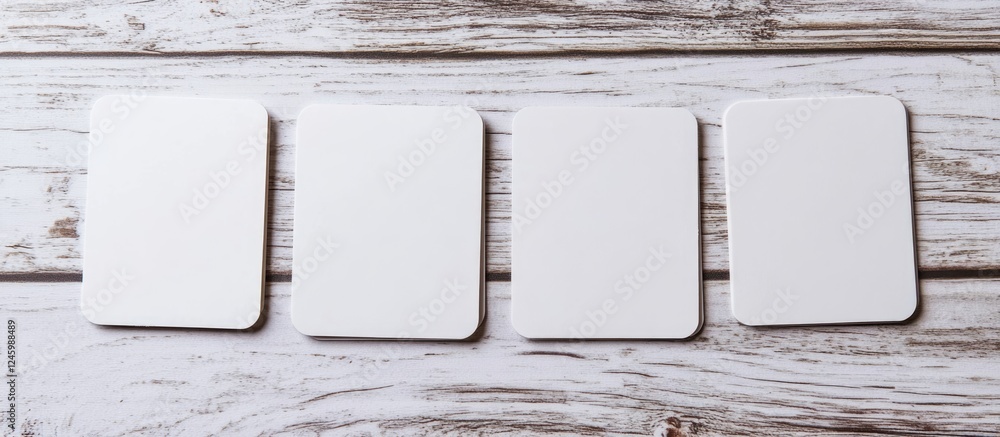 Poster empty white cards arranged on a light wooden backdrop for customizable text and design elements in a