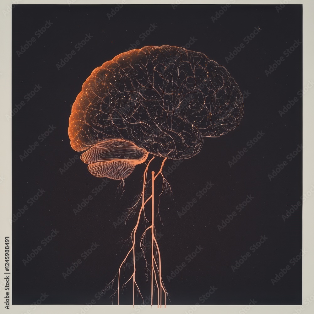 Leinwandbilder scientific illustration of a brain and nervous system with glowing neuron pathways highlighting elec