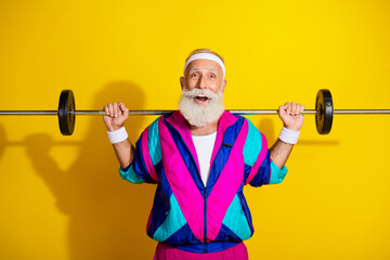 Photo portrait banner of funny senior sportsman hold shoulders barbell dressed retro sport costume...