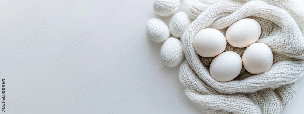 Poster eggs wrapped in a cozy wool scarf on a clean white background with ample space for text and design e