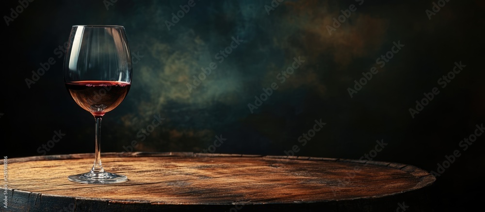 Poster elegant red wine glass on rustic wooden table with dark moody background and ample space for text or