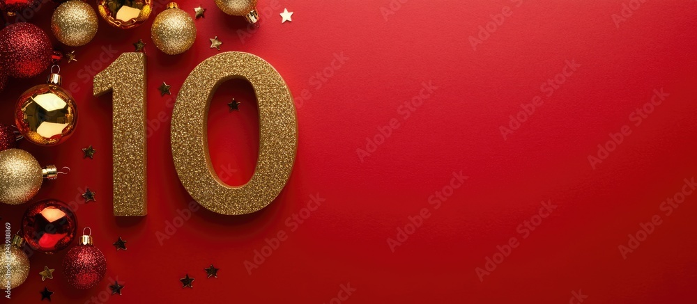 Aufkleber gold festive number 10 on vibrant red background adorned with decorative ornaments and ample space f