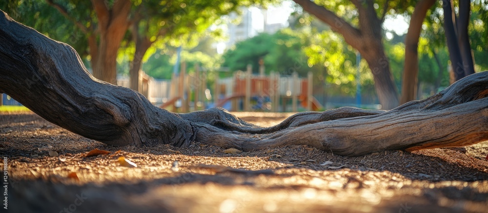 Poster fallen trees within a playground park showcasing detailed textures and grains of wood in a natural s