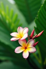 Obraz premium Delicate frangipani flower blooms on a lush green palm leaf background, plants, flowers, blossoms