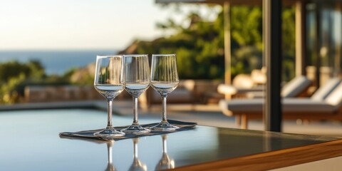 Elegant highball cocktail glasses on a wet bar with stunning outdoor view and ample space for text composition and advertising needs