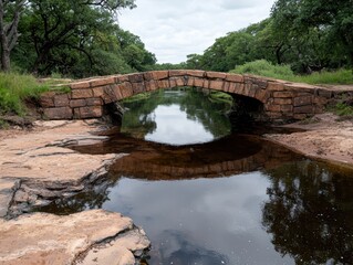 Fototapeta premium Stone bridge over a calm river surrounded by lush green trees.