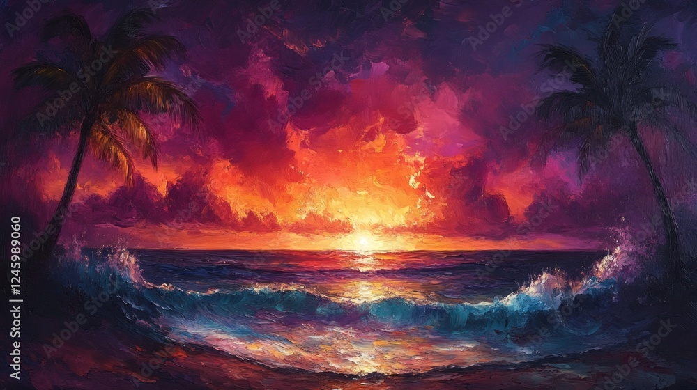 Aufkleber abstract expressionism of tahitian sunset fluid art and sharp edges shaping palm trees and ocean wav
