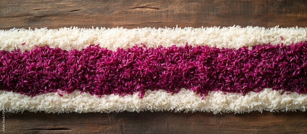 Poster horizontal food background of two rice varieties with riceberry and tub tim rice arranged in contras