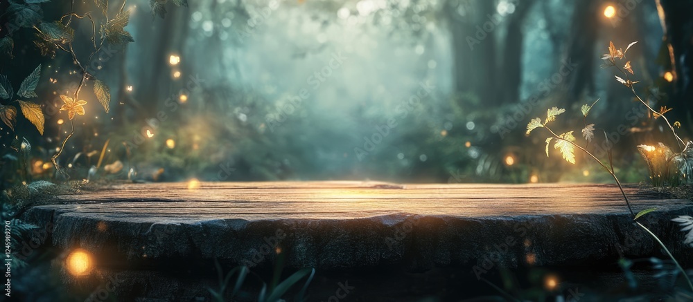 Poster mystical forest background with wooden table for product display featuring blurred enchanted atmosph