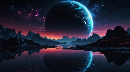 Naklejka premium Futuristic fantasy landscape, sci-fi landscape with planet, neon light, cold planet. Galaxy, unknown planet. Dark natural scene with light reflection in water