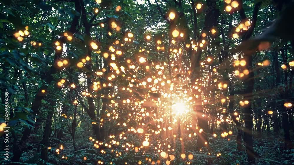 Poster A glowing golden light radiating through tree branches with floating firefly-like particles.