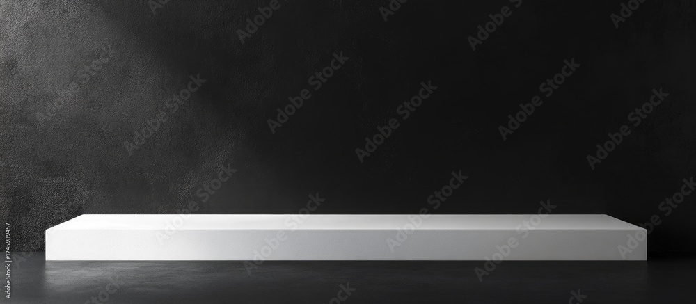Poster minimalist black background with sleek white office desk workspace featuring ample empty space for t