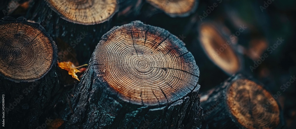 Poster close-up texture of felled tree stumps showcasing intricate wood patterns in a dark forest environme