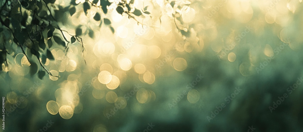 Poster defocused forest green background with sparkling golden lights creating an ethereal and tranquil atm