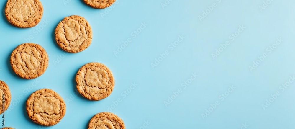 Poster round gingerbread cookies arranged on a blue background with ample empty space for text and promotio