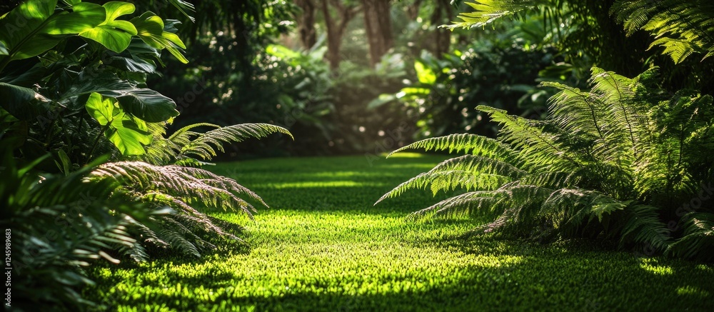 Aufkleber lush green ferns creating a serene pathway in a vibrant garden setting with dappled sunlight filteri