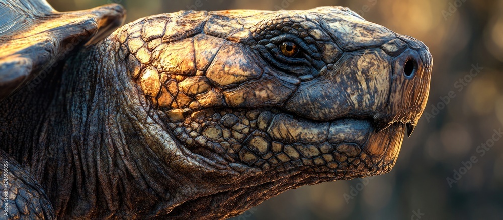 Poster giant tortoise close-up showcasing intricate textures and features of the head in natural light sett