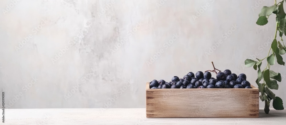 Aufkleber ripe blueberries in a wooden box on a light background with ample space for text or branding element