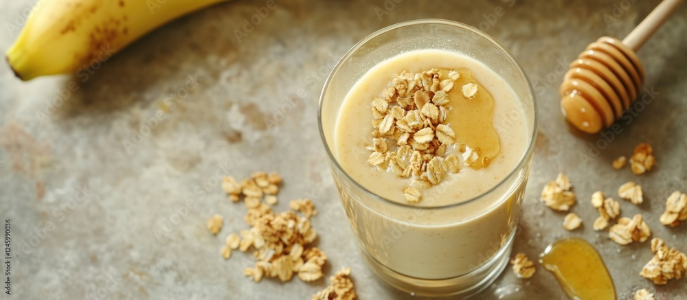 Poster healthy granola yogurt smoothie with banana and honey in glass overhead view isolated on rustic back