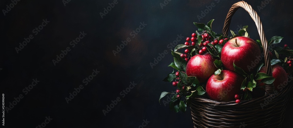 Poster freshly harvested red apples in a rustic basket surrounded by greenery on a dark background for text