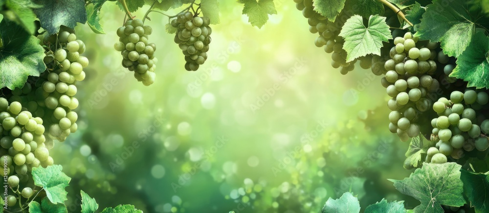 Poster vibrant green grape bunches hanging on a vine with a blurred background for text placement and desig