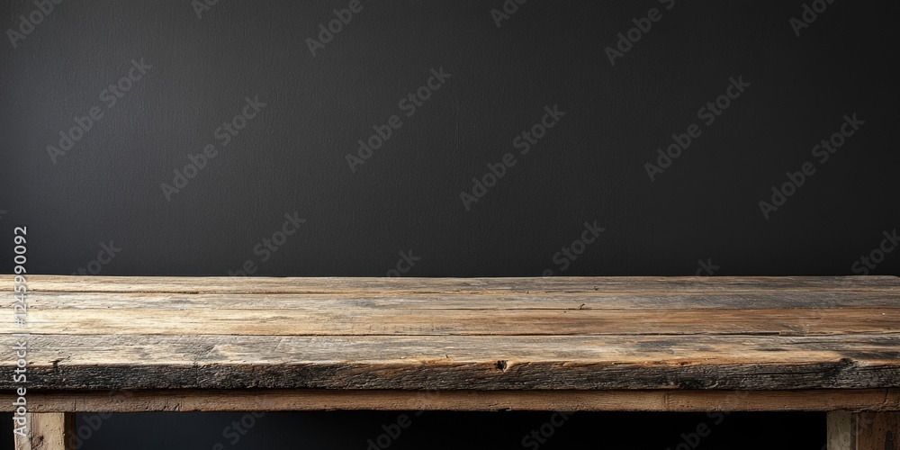 Poster elegant rustic wood table in home office with laptop and minimalist design showcasing empty copy spa