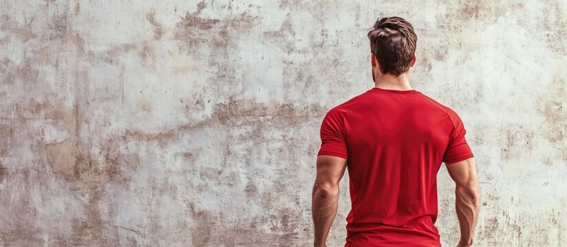 Fitness instructor in red shirt showcasing muscular back against a textured wall with space for promotional text or branding elements