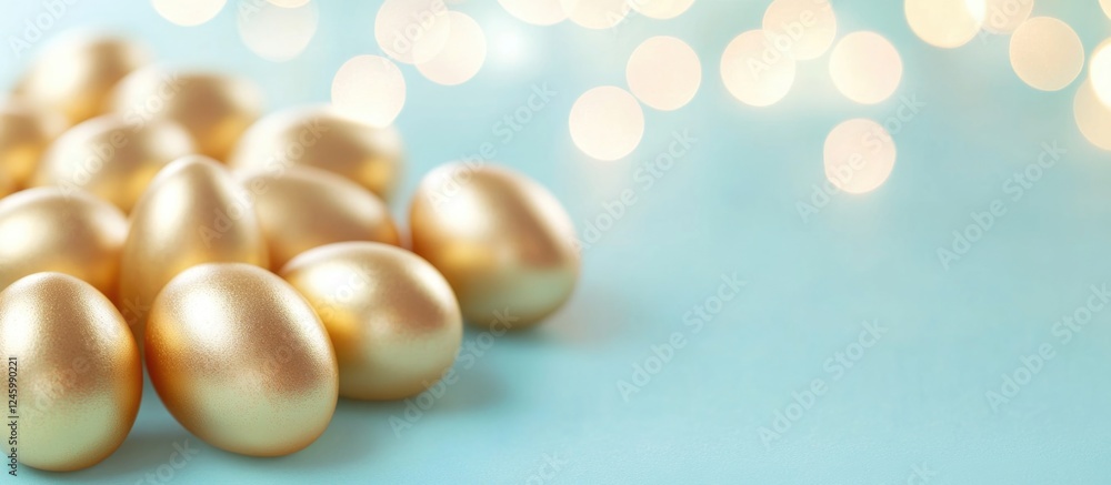 Aufkleber golden easter eggs displayed on a soft blue background with bokeh lights for a minimalistic festive 