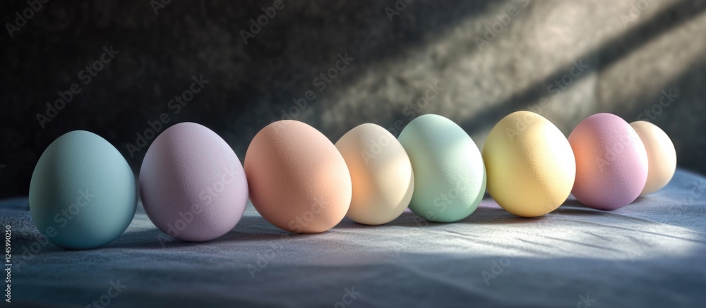 Poster colorful easter eggs arranged in a row on a dark background with soft sunlight creating a serene and