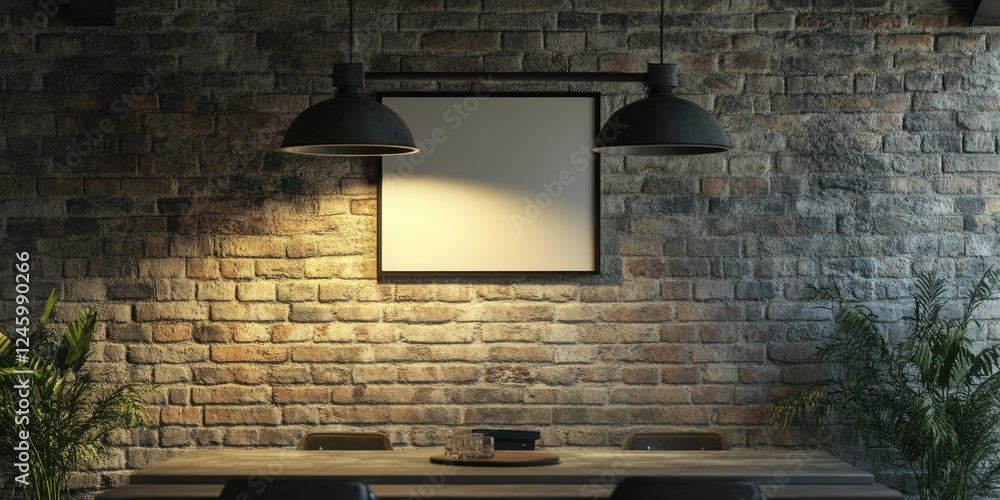 Poster empty white frame poster mockup on brick wall with table scene providing ample space for text and cr