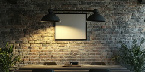 Empty white frame poster mockup on brick wall with table scene providing ample space for text and creative display options