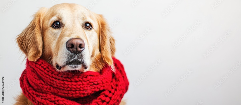 Poster golden retriever dressed in a red knitted scarf against a blank white background ideal for adding pe