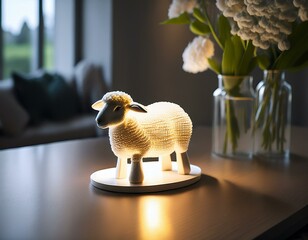 A high-end Easter candle sculpted in the shape of a lamb, softly glowing in a modern, minimalist...