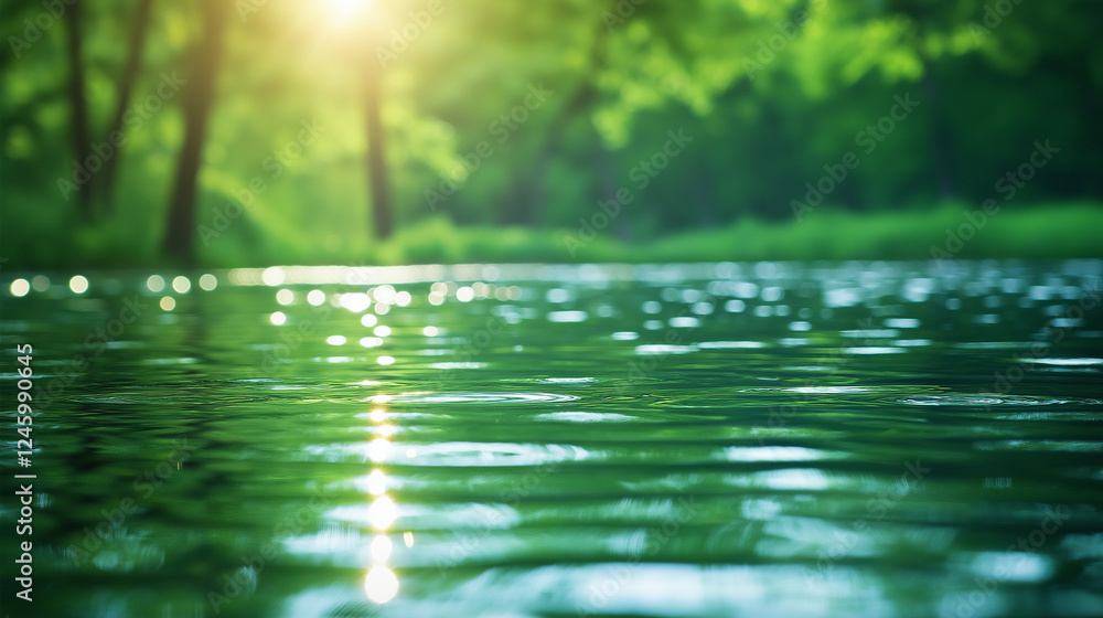 Aufkleber blurred background of water and green trees with sunlight reflection, a nature-inspired blurred back