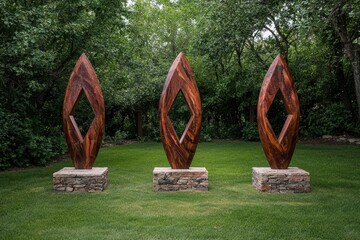 Fototapeta premium Three abstract metal sculptures stand on stone bases in a lush green garden.