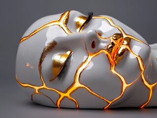 A stylized, white porcelain face with golden cracks, exuding an artistic blend of fragility and beauty against a neutral background.