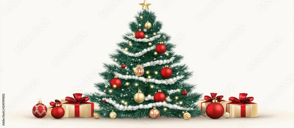 Aufkleber festive christmas tree decorated with ornaments and presents on a white background with empty space 